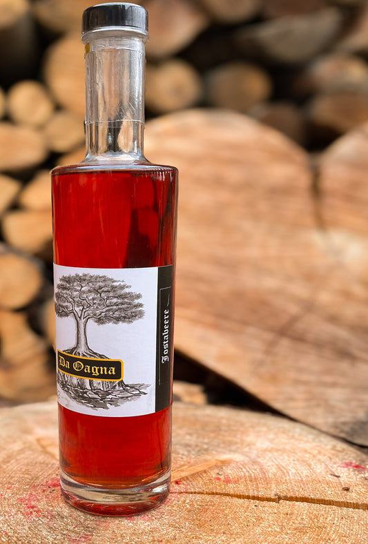 Flasche Jostabeeren-Likör von Da Oagna neben frischen Jostabeeren, Johannisbeeren und Stachelbeeren