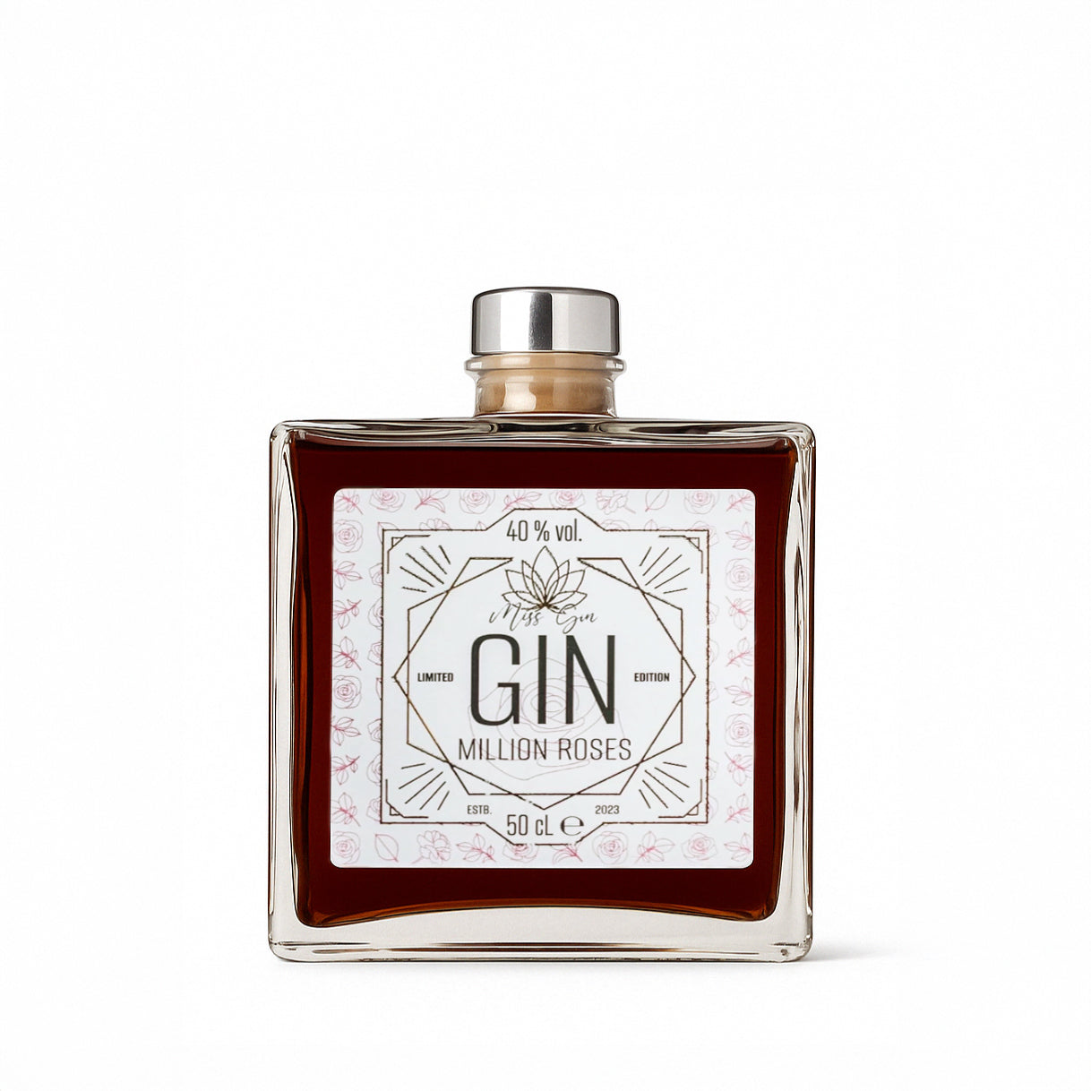 Million Roses Gin - Ginflasche mit passender Frucht oder Botanical, stilvoll angerichtet