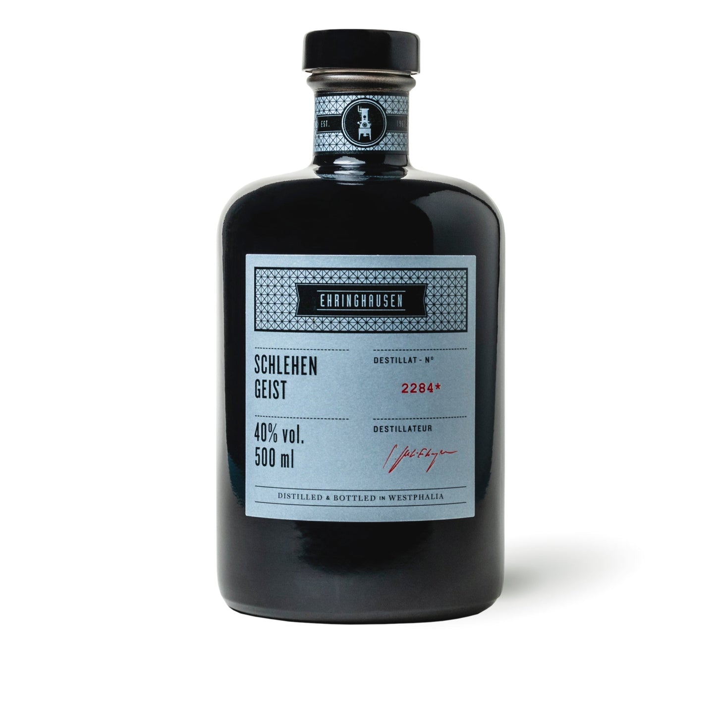 Schlehengeist in 500 ml-Flasche – klar gebrannter Wildfruchtgeist aus Schlehdorn, mit herber Frucht und feiner Mandelnote.
